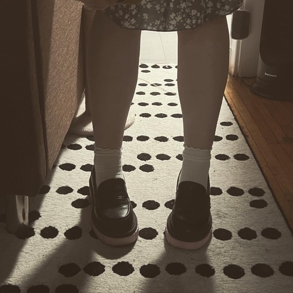 Chunky Pink Sole Black Faux Leather Loafers - Picture 2 of 5